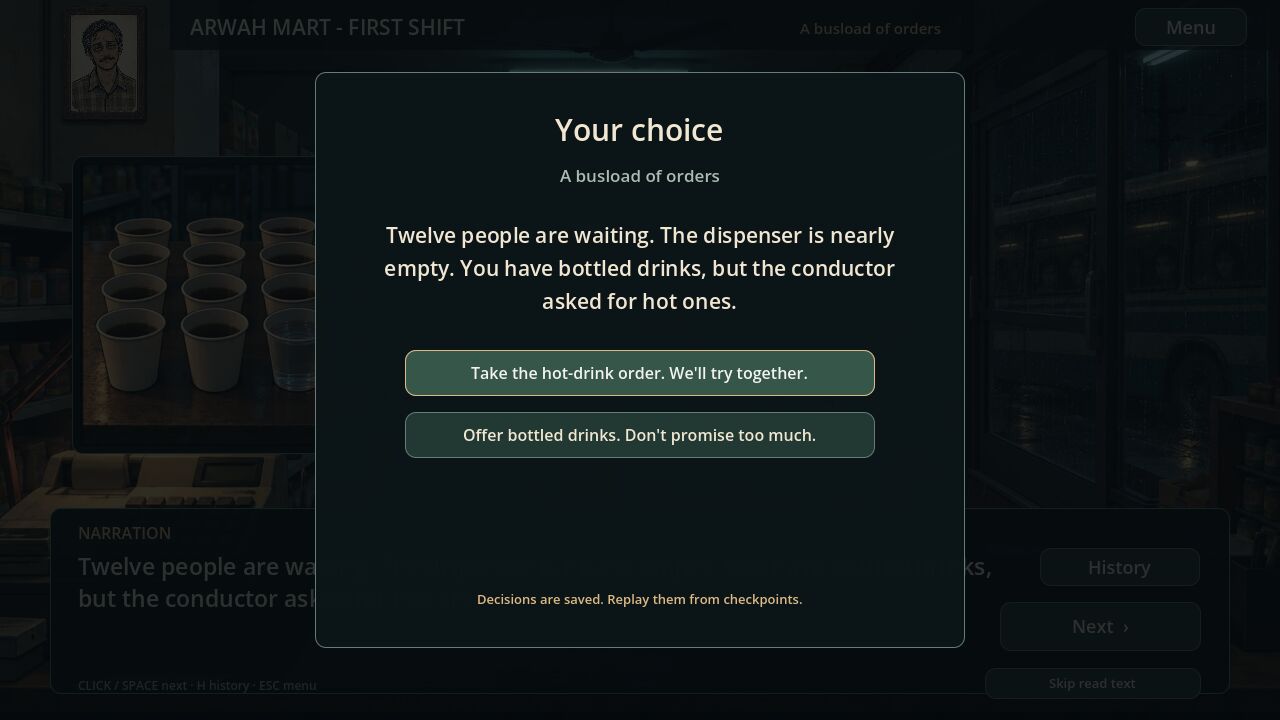 A choice screen during the busload of customers