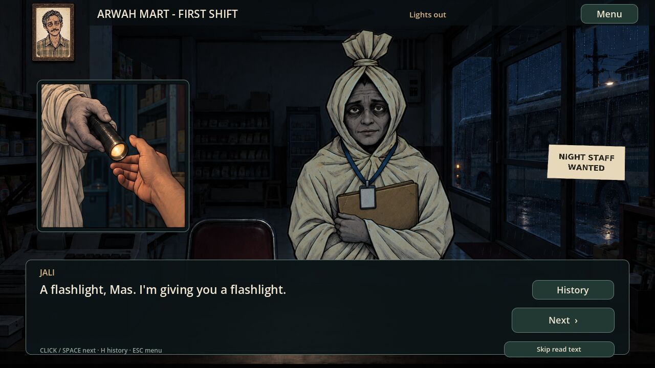 Jali handing over a flashlight during the outage